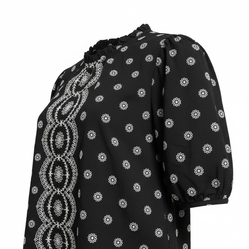 Loft Black and White Embroidered Eyelet Puff Sleeve High Neck Boho Top Size L - Picture 6 of 10
